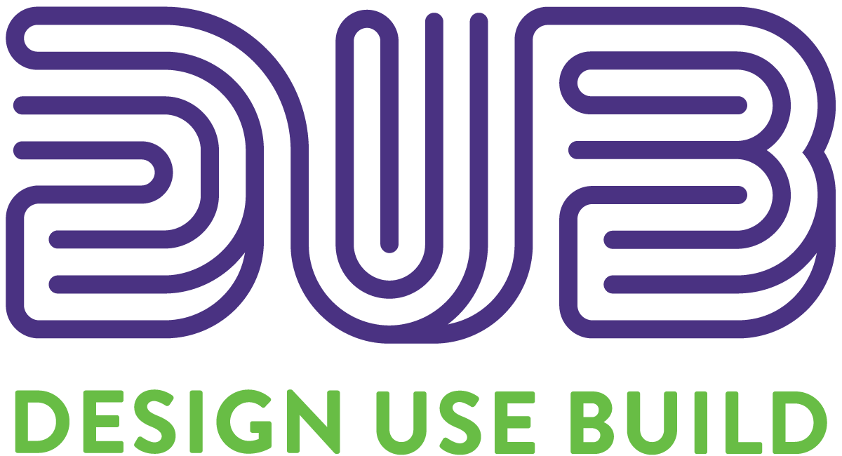 A logo with a stylized purple D U and B that says design use build along the bottom.