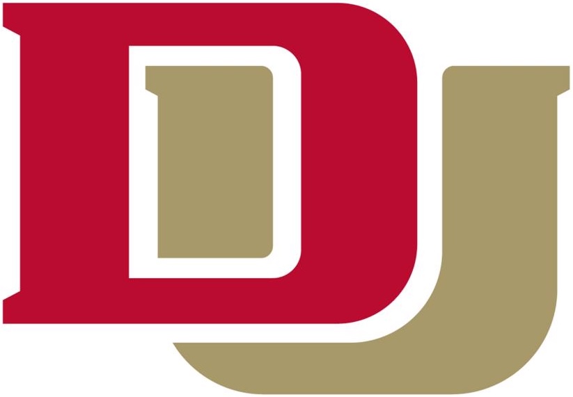University of Denver logo, a red and gold stylized D and U.