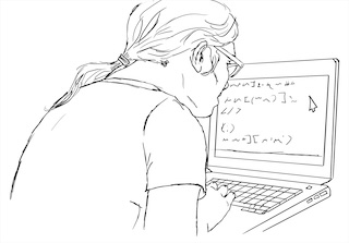 A person with a visual impairment using a laptop computer with a stylized large text interface.